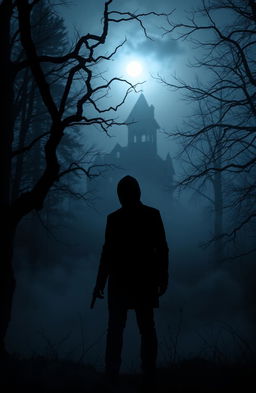 An atmospheric scene depicting a shadowy figure standing at the edge of a foggy forest, illuminated by a sliver of moonlight breaking through the clouds