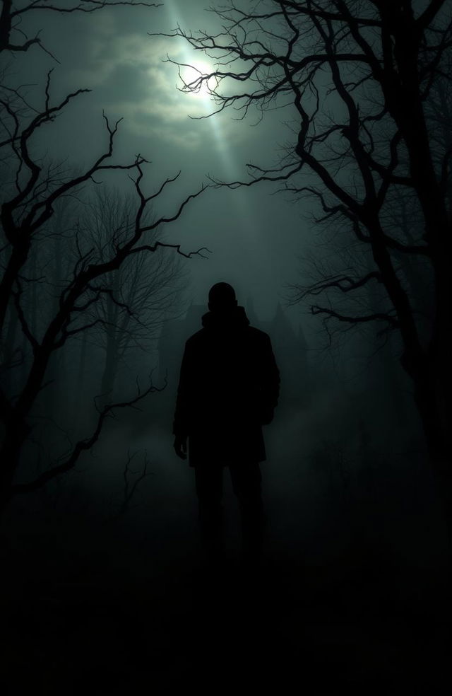 An atmospheric scene depicting a shadowy figure standing at the edge of a foggy forest, illuminated by a sliver of moonlight breaking through the clouds