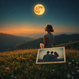 A mesmerizing scene featuring a slim and charming young lady of enchanting beauty, sitting alone on a lush hill under an amber-colored moon that casts a warm glow over the landscape