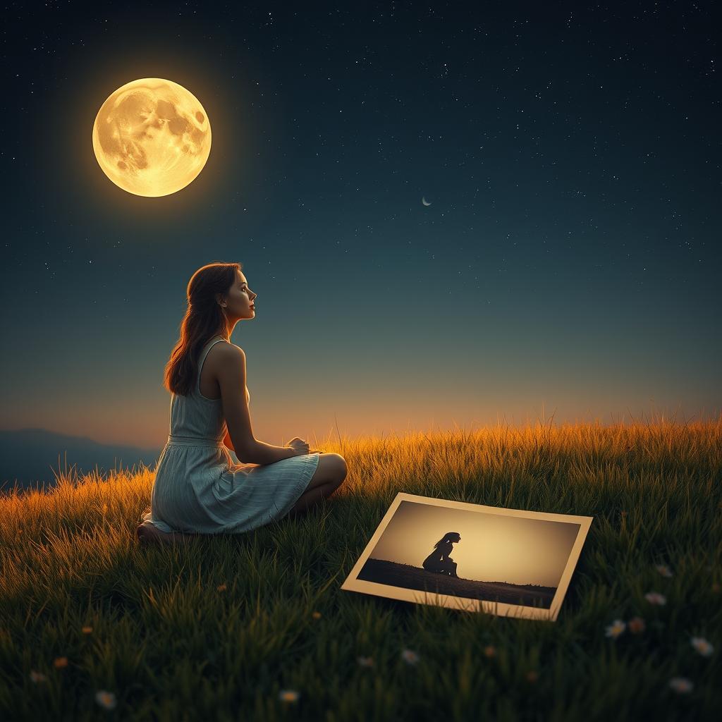 A mesmerizing scene featuring a slim and charming young lady of enchanting beauty, sitting alone on a lush hill under an amber-colored moon that casts a warm glow over the landscape