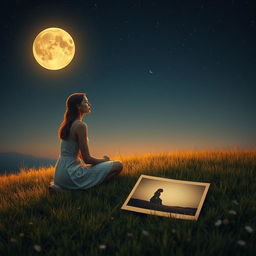 A mesmerizing scene featuring a slim and charming young lady of enchanting beauty, sitting alone on a lush hill under an amber-colored moon that casts a warm glow over the landscape