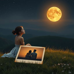 A mesmerizing scene featuring a slim and charming young lady of enchanting beauty, sitting alone on a lush hill under an amber-colored moon that casts a warm glow over the landscape