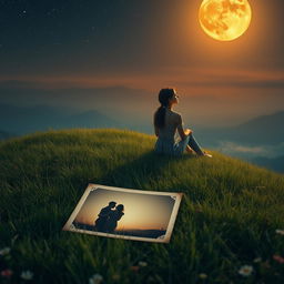 A mesmerizing scene featuring a slim and charming young lady of enchanting beauty, sitting alone on a lush hill under an amber-colored moon that casts a warm glow over the landscape