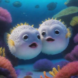 Two pufferfish designed in Pixar's distinct animation style, one subtly whispering into the other's ear, surrounded by a colourful and enchanting underwater background