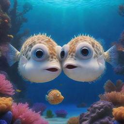 Two pufferfish designed in Pixar's distinct animation style, one subtly whispering into the other's ear, surrounded by a colourful and enchanting underwater background