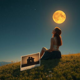 A beautiful scene featuring a slim and charming young lady of enchanting beauty, sitting alone on a hill under an amber-colored moon that casts a warm and inviting glow over the landscape