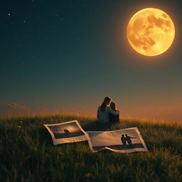 A beautiful scene featuring a slim and charming young lady of enchanting beauty, sitting alone on a hill under an amber-colored moon that casts a warm and inviting glow over the landscape