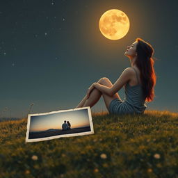 A beautiful scene featuring a slim and charming young lady of enchanting beauty, sitting alone on a hill under an amber-colored moon that casts a warm and inviting glow over the landscape