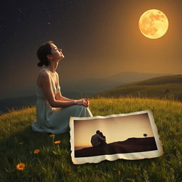 A beautiful scene featuring a slim and charming young lady of enchanting beauty, sitting alone on a hill under an amber-colored moon that casts a warm and inviting glow over the landscape
