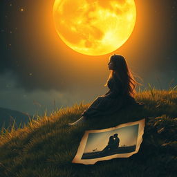 A mystical scene featuring the charming daughter of a witch, sitting alone on a grassy hill under an amber-colored moon that bathes the landscape in an enchanting glow