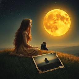 A mystical scene featuring the charming daughter of a witch, sitting alone on a grassy hill under an amber-colored moon that bathes the landscape in an enchanting glow
