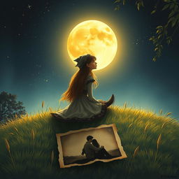A mystical scene featuring the charming daughter of a witch, sitting alone on a grassy hill under an amber-colored moon that bathes the landscape in an enchanting glow