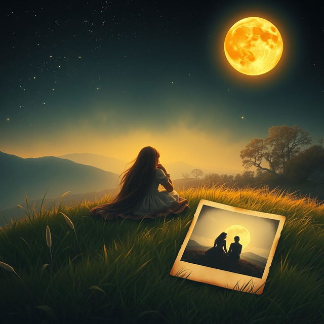 A mystical scene featuring the charming daughter of a witch, sitting alone on a grassy hill under an amber-colored moon that bathes the landscape in an enchanting glow