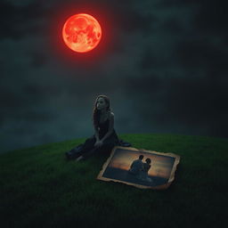 A hauntingly beautiful scene featuring the witch's charming grown-up daughter, sitting alone on a verdant hill beneath a blood-red moon that illuminates the landscape with an eerie glow