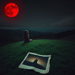 A hauntingly beautiful scene featuring the witch's charming grown-up daughter, sitting alone on a verdant hill beneath a blood-red moon that illuminates the landscape with an eerie glow