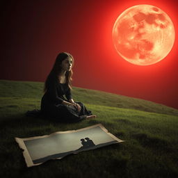 A hauntingly beautiful scene featuring the witch's charming grown-up daughter, sitting alone on a verdant hill beneath a blood-red moon that illuminates the landscape with an eerie glow