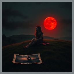 A hauntingly beautiful scene featuring the witch's charming grown-up daughter, sitting alone on a verdant hill beneath a blood-red moon that illuminates the landscape with an eerie glow