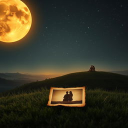 A captivating scene featuring the witch's charming grown-up daughter, sitting alone on a lush green hill beneath an amber-colored moon that casts a warm, enchanting glow across the landscape