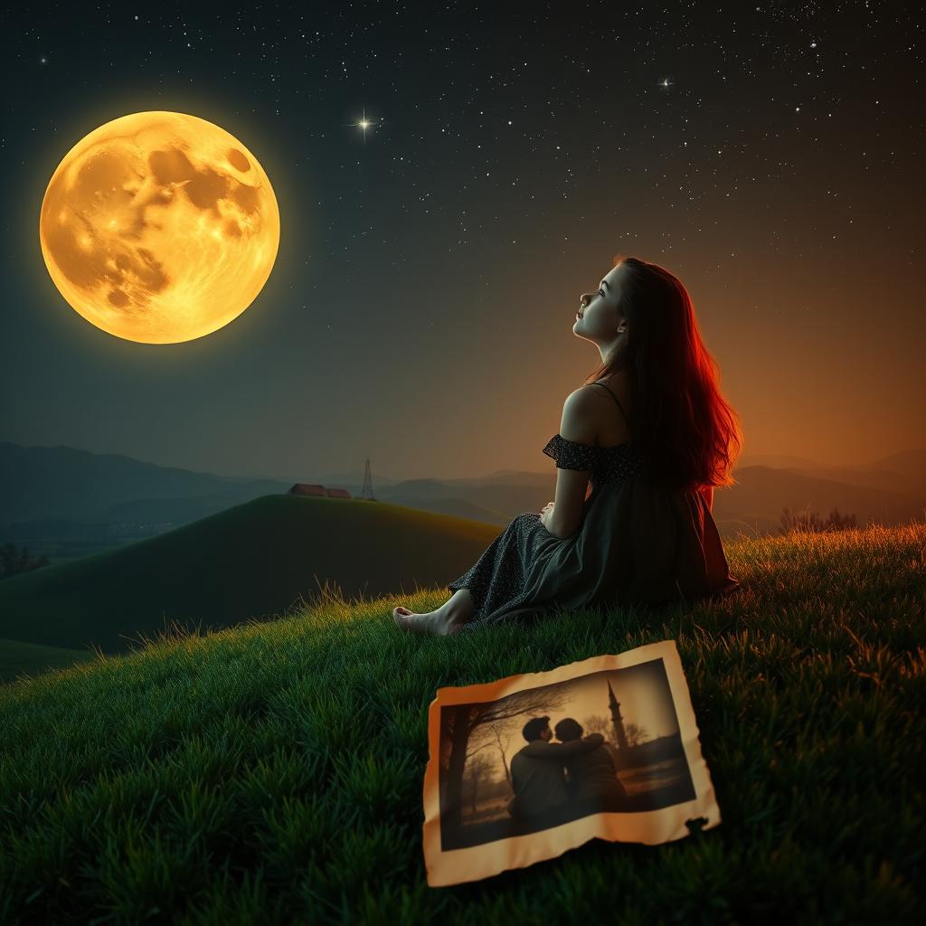 A captivating scene featuring the witch's charming grown-up daughter, sitting alone on a lush green hill beneath an amber-colored moon that casts a warm, enchanting glow across the landscape