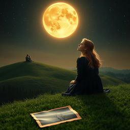 A captivating scene featuring the witch's charming grown-up daughter, sitting alone on a lush green hill beneath an amber-colored moon that casts a warm, enchanting glow across the landscape