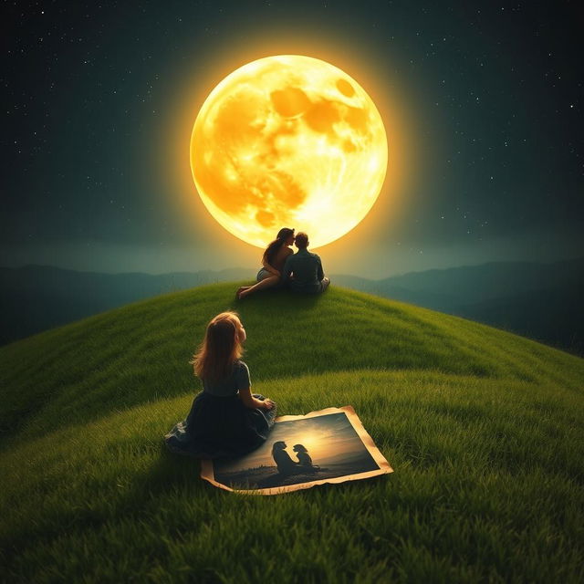 A captivating scene featuring the witch's charming grown-up daughter, sitting alone on a lush green hill beneath an amber-colored moon that casts a warm, enchanting glow across the landscape