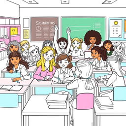 An outline drawing of a diverse group of school girls in a classroom setting