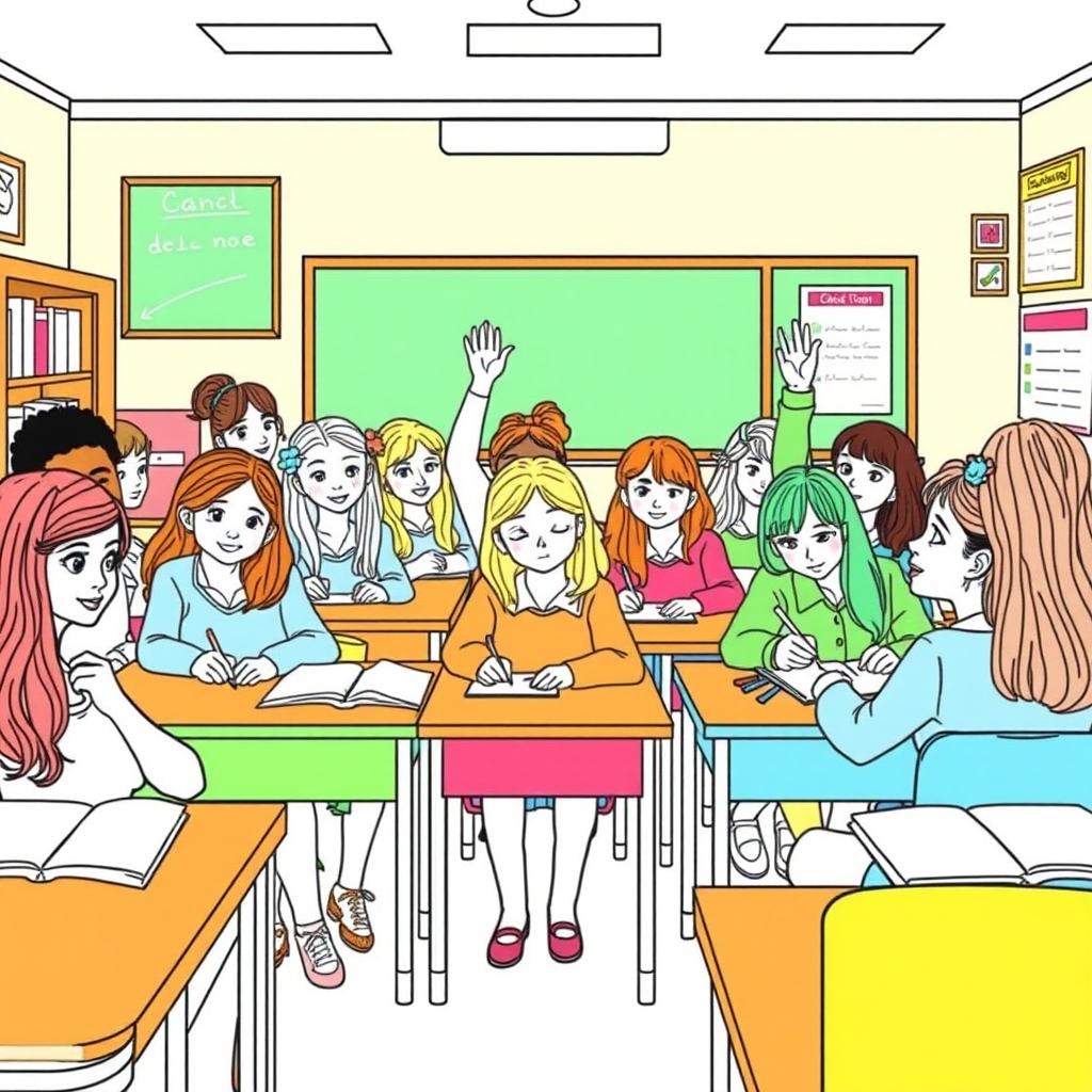 An outline drawing of a diverse group of school girls in a classroom setting