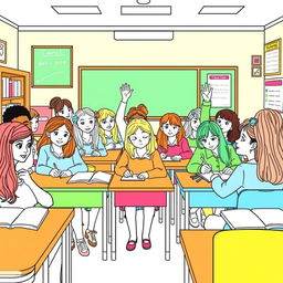 An outline drawing of a diverse group of school girls in a classroom setting