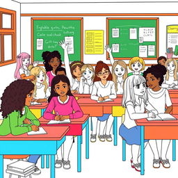 An outline drawing of a diverse group of school girls in a classroom setting