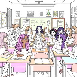 An outline drawing of a diverse group of school girls in a classroom setting