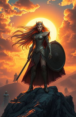 A powerful and fierce warrior queen standing atop a mountain, with her long flowing hair billowing in the wind