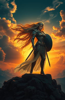 A powerful and fierce warrior queen standing atop a mountain, with her long flowing hair billowing in the wind