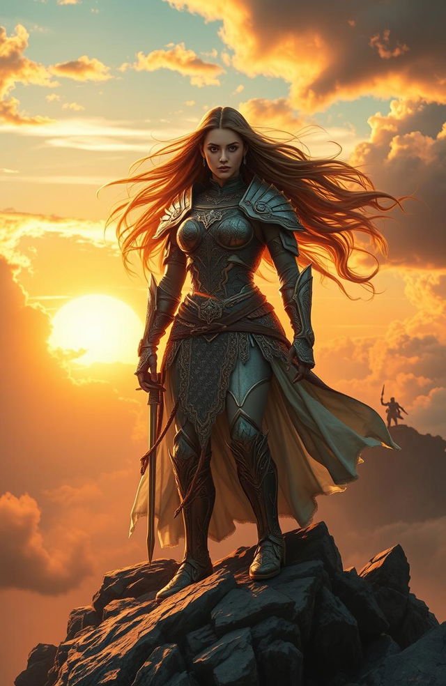 A powerful and fierce warrior queen standing atop a mountain, with her long flowing hair billowing in the wind