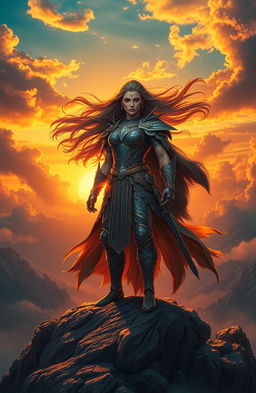A powerful and fierce warrior queen standing atop a mountain, with her long flowing hair billowing in the wind