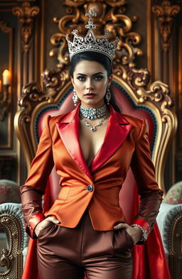 A modern empress radiating confidence and style, with a sassy look that embodies royal elements mixed with contemporary fashion