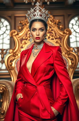 A modern empress radiating confidence and style, with a sassy look that embodies royal elements mixed with contemporary fashion