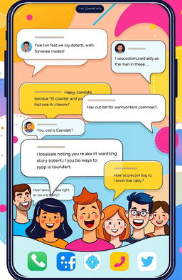 A vibrant digital illustration depicting an array of colorful user comments from an app interface