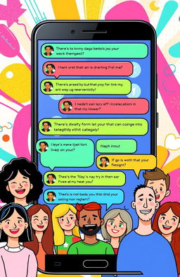 A vibrant digital illustration depicting an array of colorful user comments from an app interface