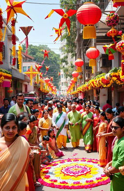 A vibrant and colorful celebration of Bangla New Year, featuring a lively street scene filled with people dressed in traditional Bengali attire