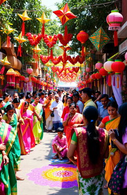 A vibrant and colorful celebration of Bangla New Year, featuring a lively street scene filled with people dressed in traditional Bengali attire