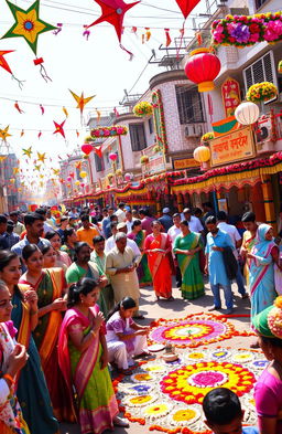 A vibrant and colorful celebration of Bangla New Year, featuring a lively street scene filled with people dressed in traditional Bengali attire