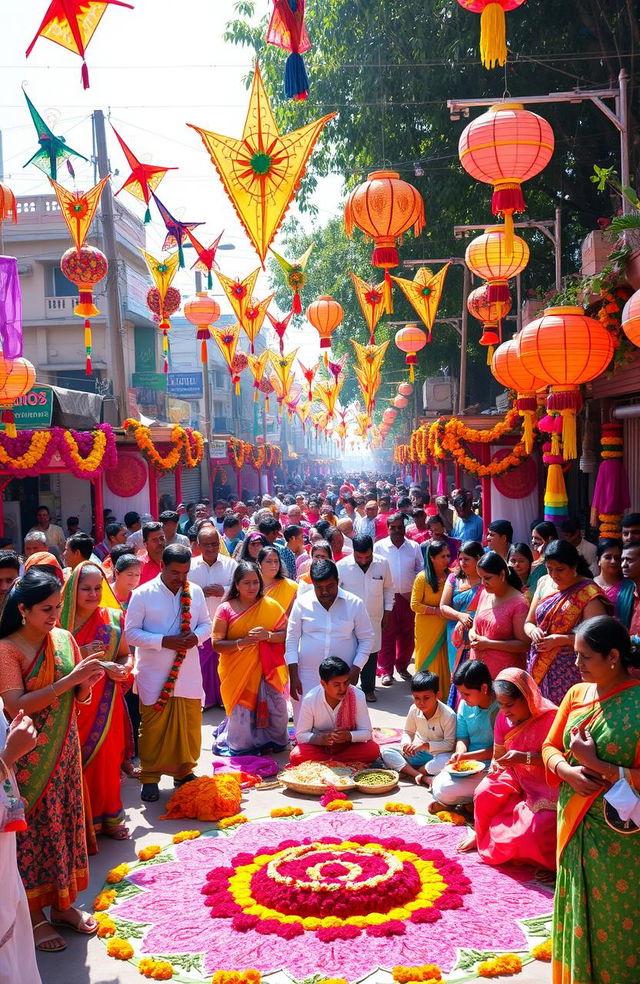 A vibrant and colorful celebration of Bangla New Year, featuring a lively street scene filled with people dressed in traditional Bengali attire