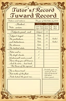a detailed illustration of a tutor's ward record, showcasing various sections like student attendance, subject grades, and notes on behavior in an organized and visually appealing format