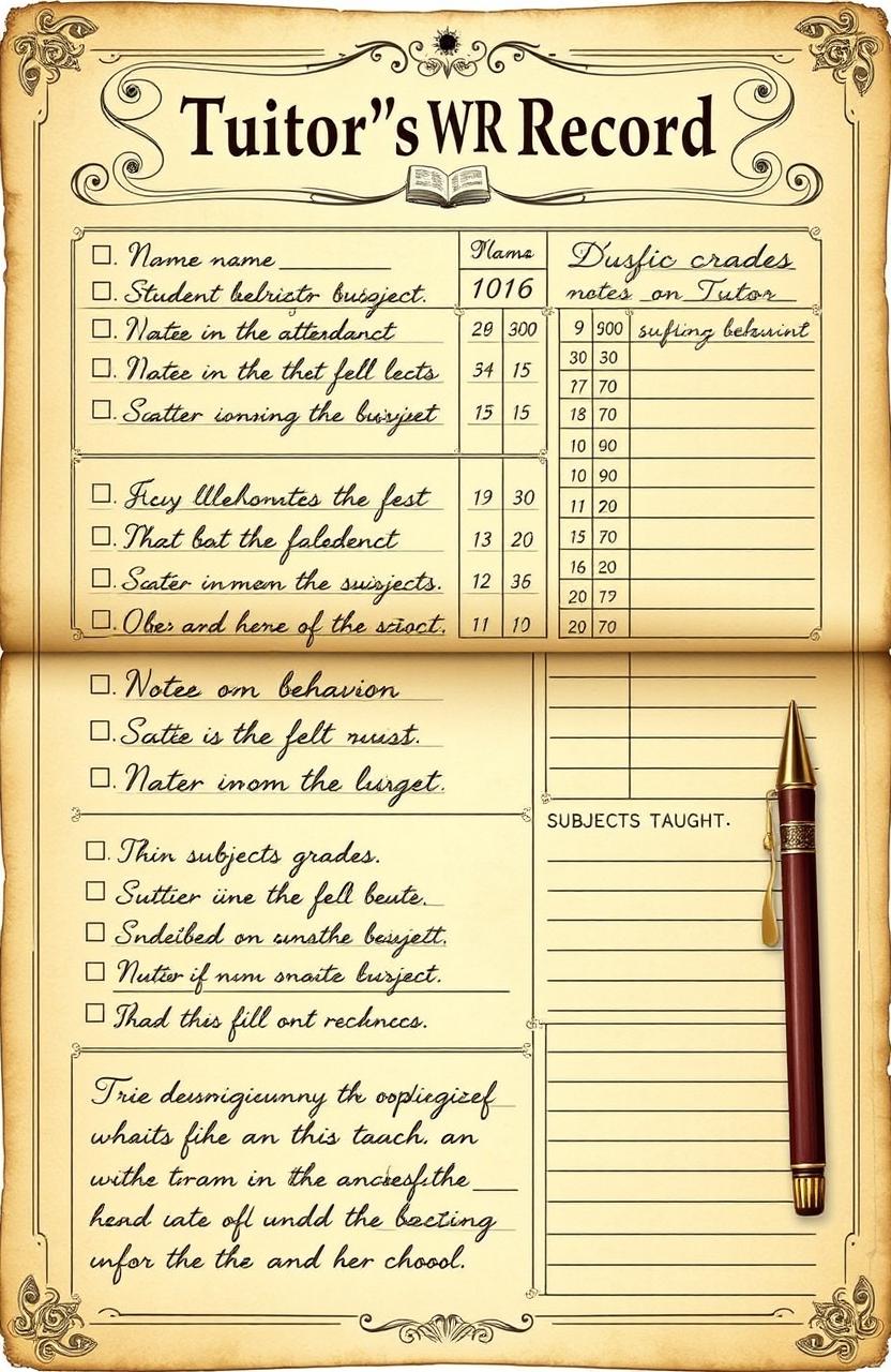 a detailed illustration of a tutor's ward record, showcasing various sections like student attendance, subject grades, and notes on behavior in an organized and visually appealing format