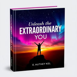 A captivating book cover featuring a silhouette of a person standing triumphantly on a cliff, arms raised towards a vast sky filled with stars and vibrant auroras, symbolizing infinite possibilities