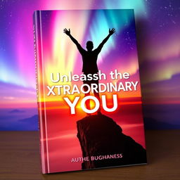 A captivating book cover featuring a silhouette of a person standing triumphantly on a cliff, arms raised towards a vast sky filled with stars and vibrant auroras, symbolizing infinite possibilities