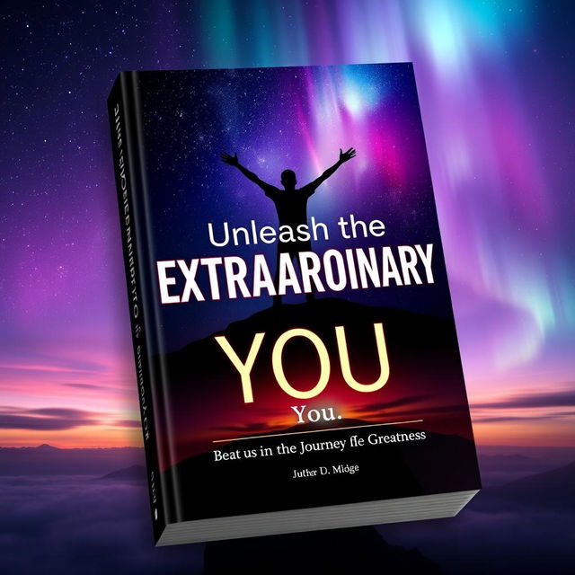 A captivating book cover featuring a silhouette of a person standing triumphantly on a cliff, arms raised towards a vast sky filled with stars and vibrant auroras, symbolizing infinite possibilities