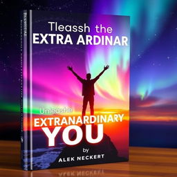 A captivating book cover featuring a silhouette of a person standing triumphantly on a cliff, arms raised towards a vast sky filled with stars and vibrant auroras, symbolizing infinite possibilities