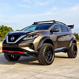 A Nissan Murano Z51 modified in a sporty Rocket Bunny tuning style, showcasing extreme dirt tires, specifically Maxxis M9060, which enhance its off-road capabilities