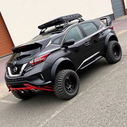 A Nissan Murano Z51 modified in a sporty Rocket Bunny tuning style, showcasing extreme dirt tires, specifically Maxxis M9060, which enhance its off-road capabilities